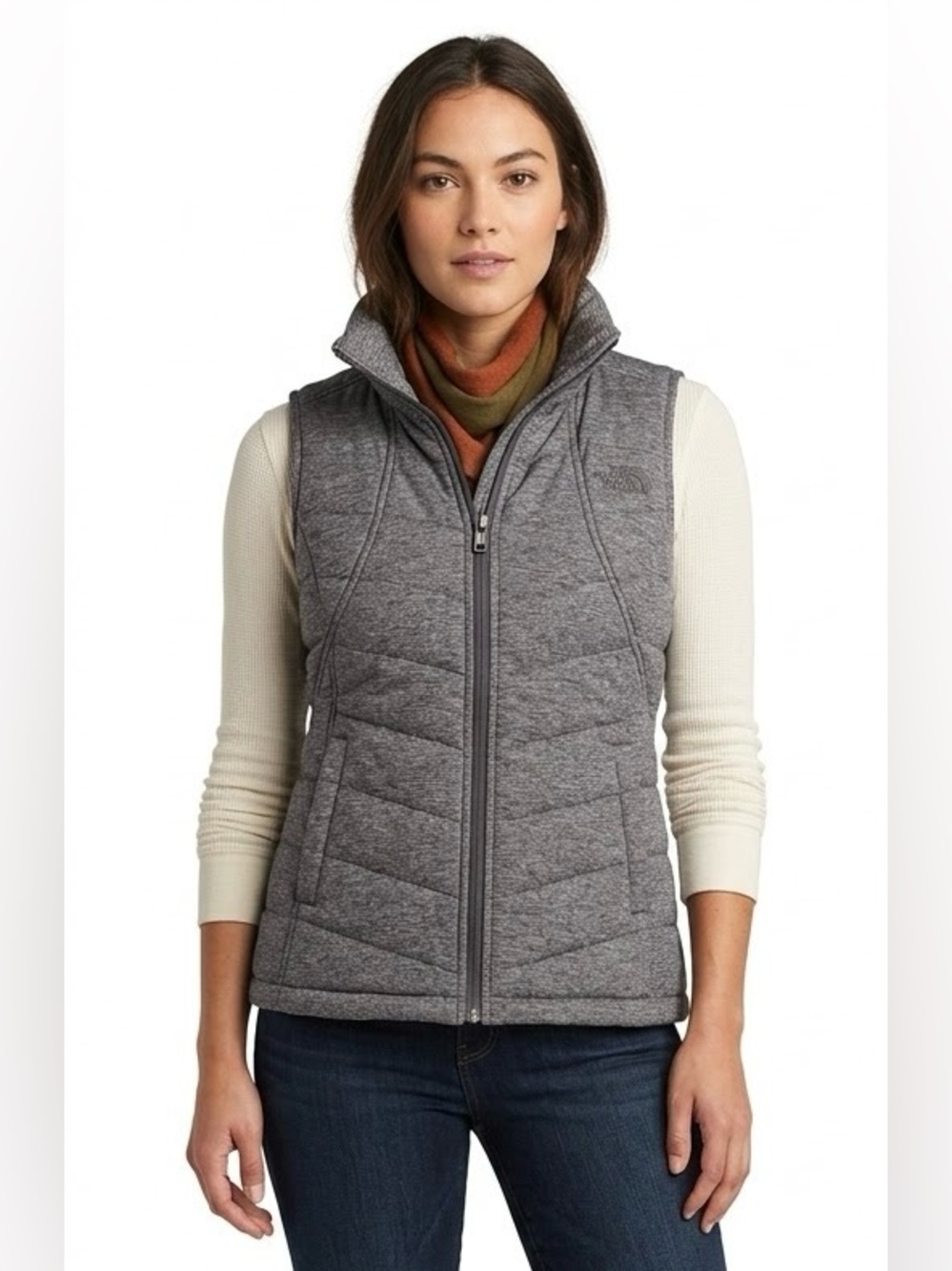 The North Face $99 P2P18” L24” Agave Quilted Full Zip Fleece Vest Heathered Grey